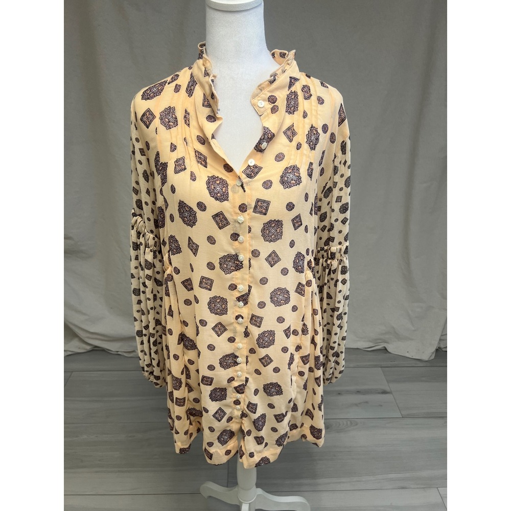 Free People Tunic Top Womens Sz XS Peach Geometric Puff Sleeve Boho Blouse Indie